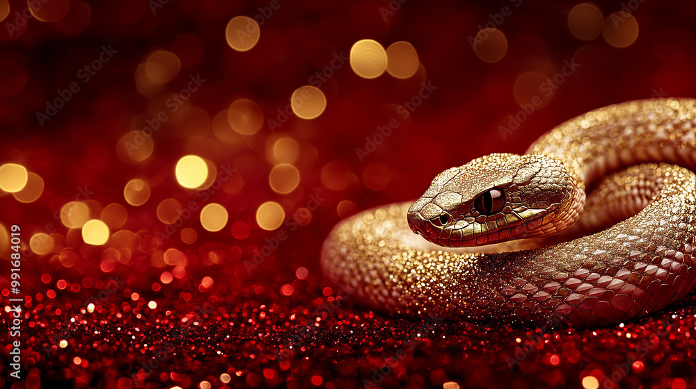 Coiled Golden Snake on Glittery Red Background, Festive Theme Coiled Golden Snake on Glittery Red Background, Festive Theme