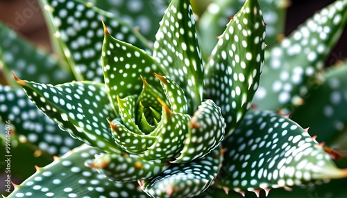 Vibrant green aloe vera plant with white spots showcasing a beautiful spiral leaf arrangement photo