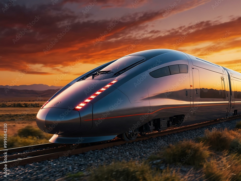 Futuristic high-speed train speeding through a vibrant sunset landscape. Futuristic high-speed train speeding through a vibrant sunset landscape.