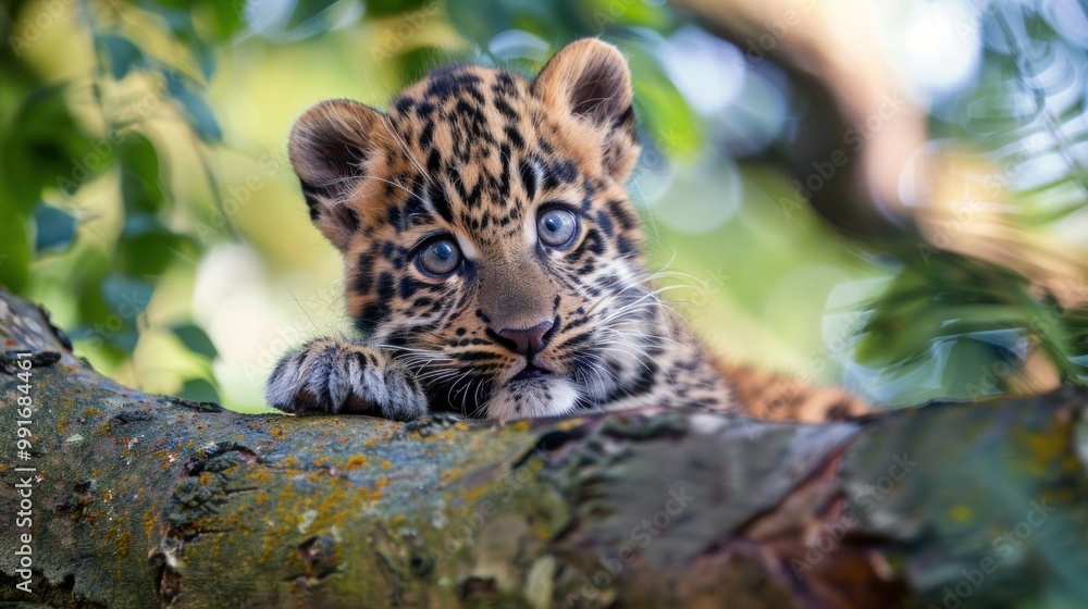Fototapeta premium A cute leopard cub is sitting on a tree branch
