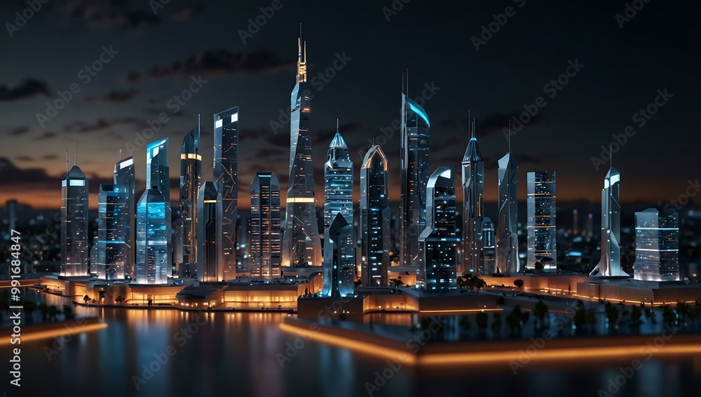Futuristic smart city model showcasing illuminated buildings. Futuristic smart city model showcasing illuminated buildings.