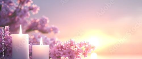 All Saints' Day scene with lit candles and cherry blossoms for spiritual renewal and honoring departed loved ones