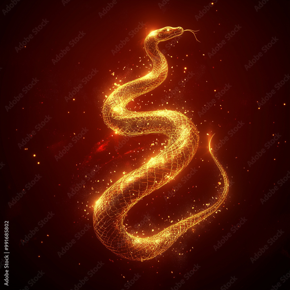 Glowing Golden Snake in Elegant Curve, Abstract Red Background Glowing Golden Snake in Elegant Curve, Abstract Red Background