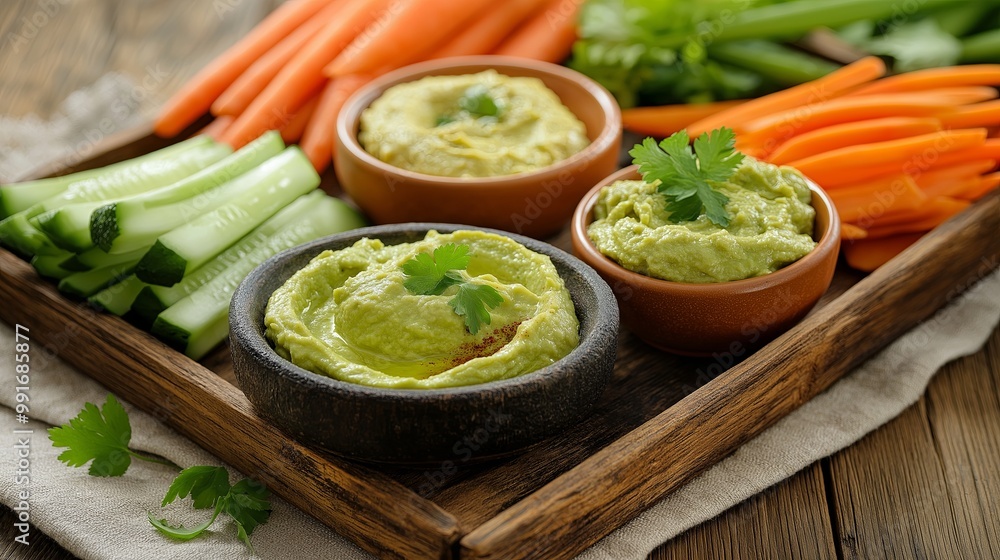 a wooden serving tray with small bowls of hummus and guacamole, accompanied by fresh-cut cucumber, carrots, and celery sticks a wooden serving tray with small bowls of hummus and guacamole, accompanied by fresh-cut cucumber, carrots, and celery sticks