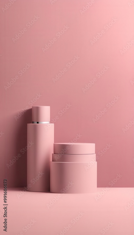 Two pink containers of makeup sit on a pink background. Mockup Two pink containers of makeup sit on a pink background. Mockup