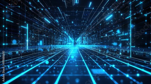 Wallpaper Mural Holographic blue beams of light traveling through a tech-inspired grid, creating a modern technology-driven digital world. Torontodigital.ca