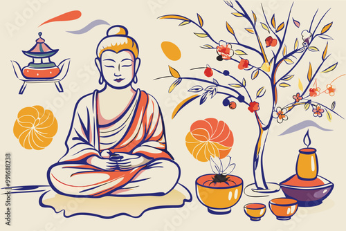Tranquil Meditation Scene with Buddha and Blossoms