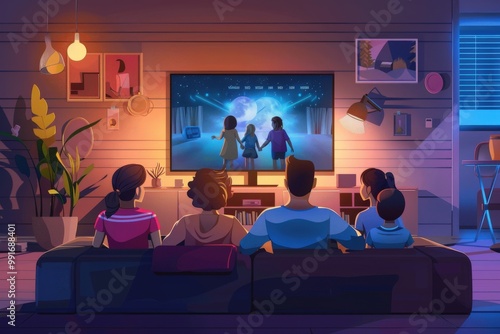 A family is watching a movie on a large screen TV in their living room, generative ai image