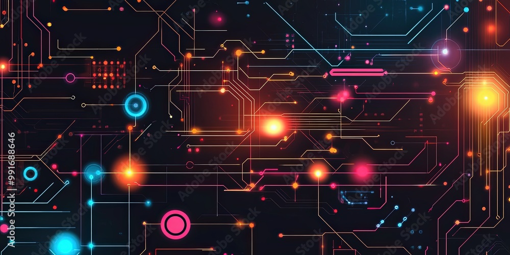 Obraz premium Vibrant futuristic circuitry with neon lights in a digital network concept.