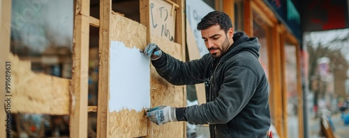 Construction worker painting plywood on storefront renovation project photo