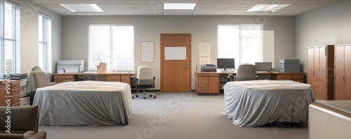 Empty office space with covered furniture and desks, illuminated by natural light through large windows.