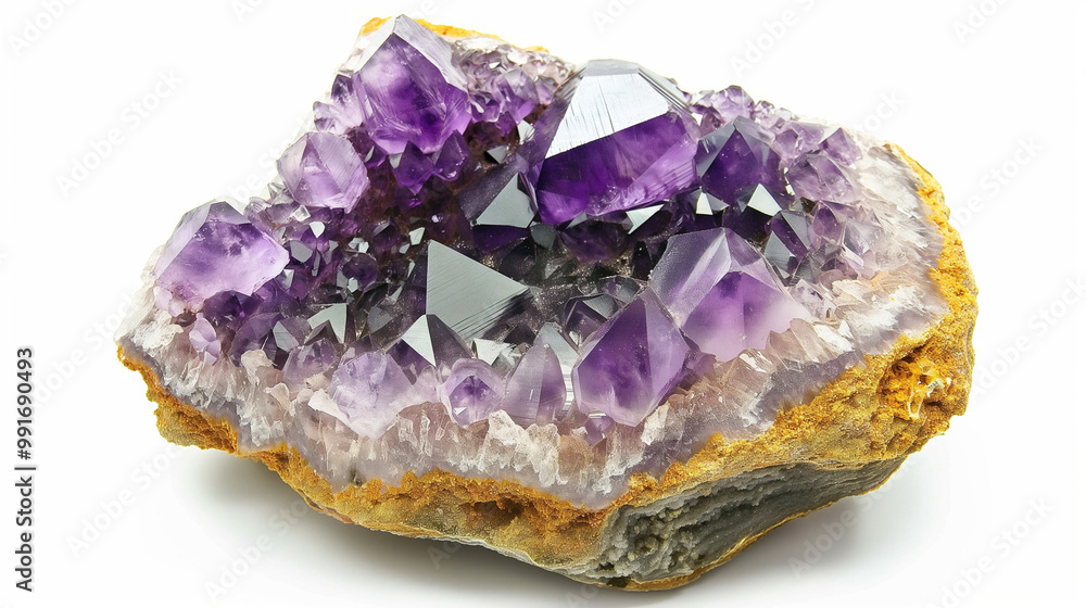Crystal Stone macro mineral, purple rough amethyst quartz crystals on white background Crystal Stone macro mineral, purple rough amethyst quartz crystals on white background