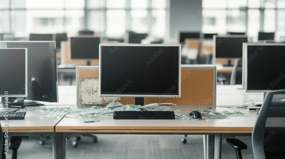 Modern empty office space with rows of computer desks and windows in the background Modern empty office space with rows of computer desks and windows in the background