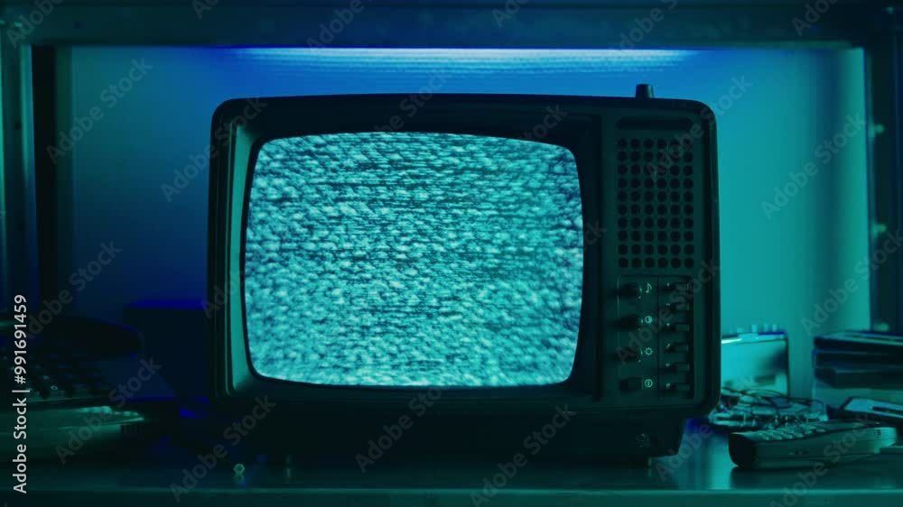 Retro TV, vintage television In a nostalgic setup, a retro TV displays grain on screen, scary halloween night device good for chroma key and green screen.