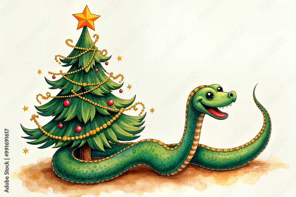 Naklejka premium Cartoon depiction of a green snake with a Christmas tree on its back, adorned with ornaments and a star on top.