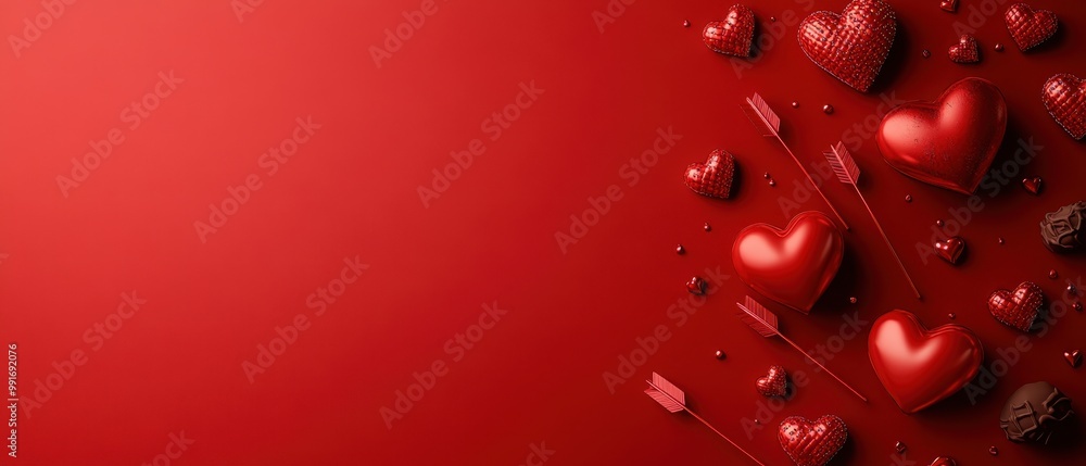 A vibrant collection of red hearts scattered on a red background, perfect for love-themed designs and romantic presentations, background with copy space. A vibrant collection of red hearts scattered on a red background, perfect for love-themed designs and romantic presentations, background with copy space.