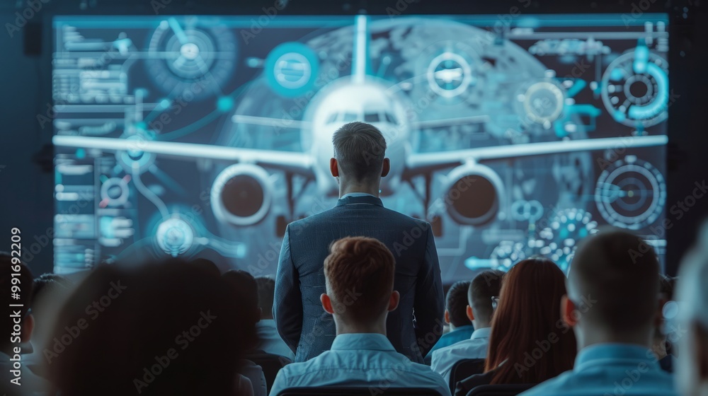 A large screen at a global technology conference captures the attention of aviation experts with its detailed visualization schemes of passenger airliners. A large screen at a global technology conference captures the attention of aviation experts with its detailed visualization schemes of passenger airliners.