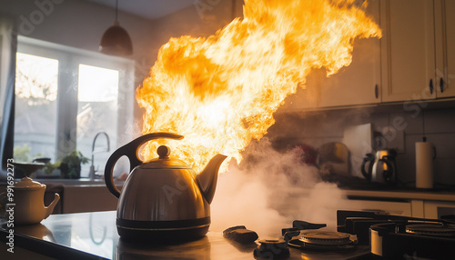 Uma chaleira elétrica com defeito pega fogo em uma cozinha, criando um risco perigoso de incêndio e uma situação de emergência. photo