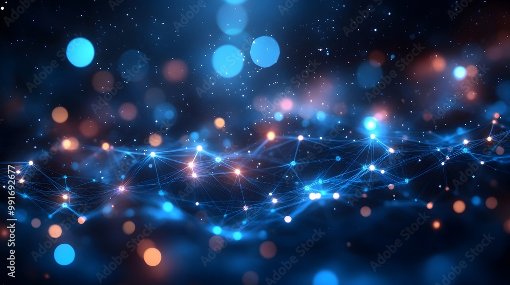 Obraz premium Vibrant Holographic Network with Glowing Multicolored Nodes and Connections in Ethereal Deep Space Background