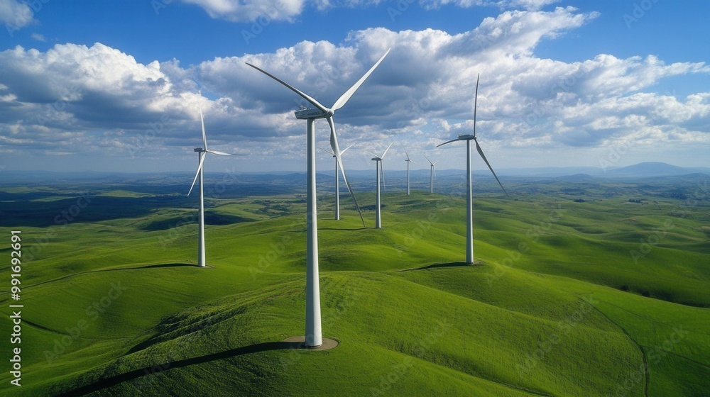 Wind turbines green field. Generative AI Wind turbines green field. Generative AI