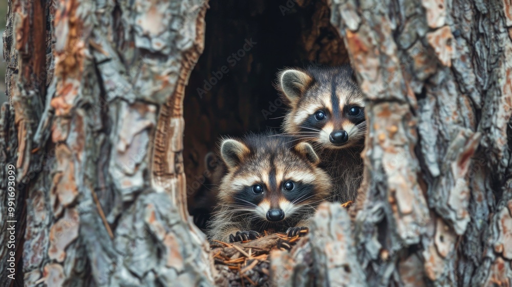 Photo of baby raccoons peeking out from their tree hole in the woods Photo of baby raccoons peeking out from their tree hole in the woods