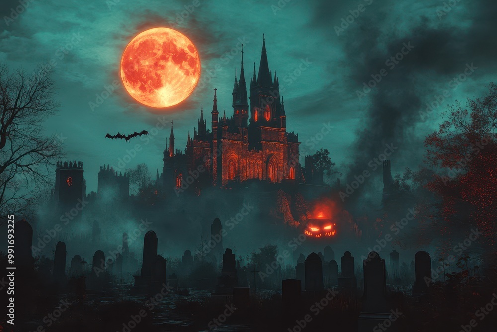 Mystical castle with a blood-red moon, eerie atmosphere, and a jack-o'-lantern glowing in the dark sky over a foggy graveyard. Mystical castle with a blood-red moon, eerie atmosphere, and a jack-o'-lantern glowing in the dark sky over a foggy graveyard.