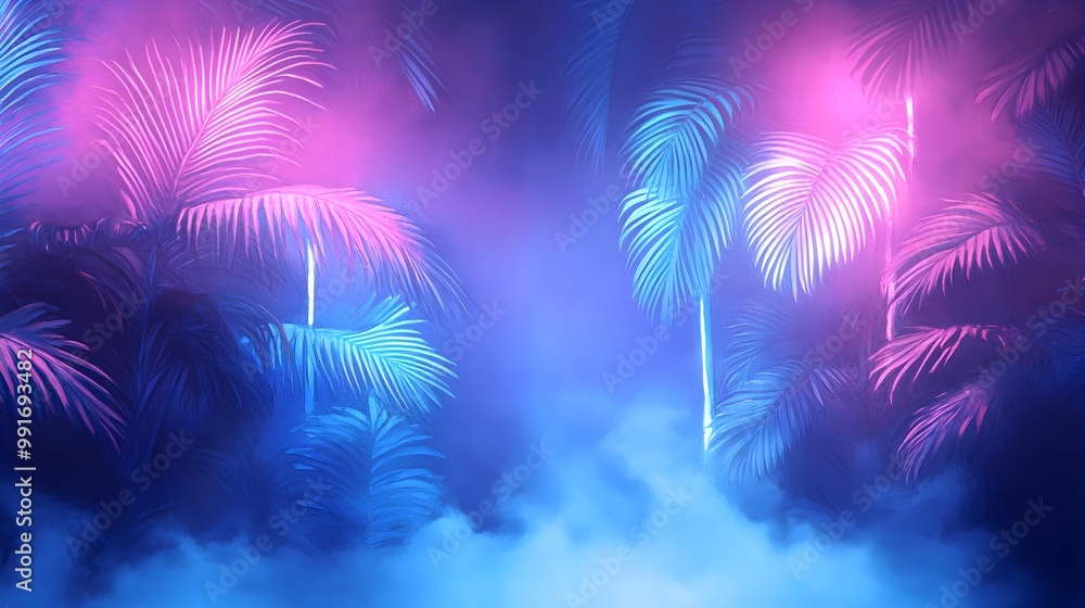 Vibrant Neon Palms and Mist Illuminate a Futuristic Tropical Jungle Scene Vibrant Neon Palms and Mist Illuminate a Futuristic Tropical Jungle Scene