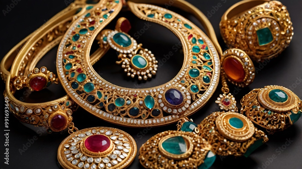 Traditional Indian jewelry, intricate details, gold and silver, gemstones, perfect for Traditional Indian jewelry Traditional Indian jewelry, intricate details, gold and silver, gemstones, perfect for Traditional Indian jewelry