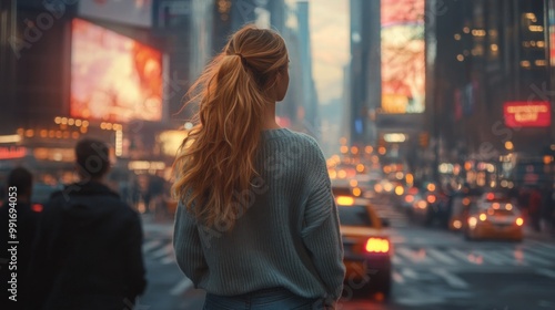 A woman stands with her back to the viewer, admiring the bright lights of Times Square as the day transitions to night. Yellow taxis and bustling pedestrians fill the busy urban landscape.