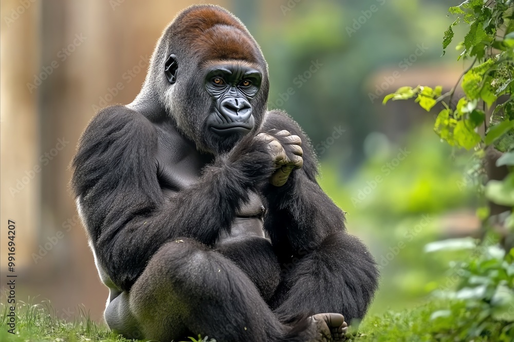Fototapeta premium A gorilla sitting in the jungle, its powerful arms resting on its knees as it gazes thoughtfully into the distance