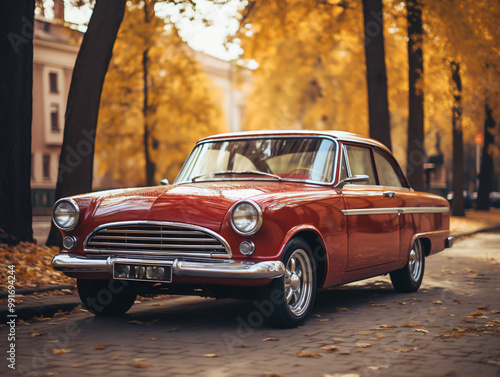 Retro red vintage car parked on cobblestone street in an old town setting. 