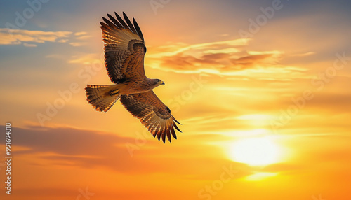 Soaring hawk at sunset, isolated on transparent background, vibrant nature scene with golden sky.