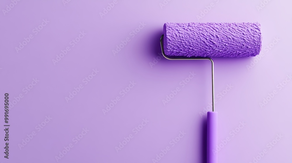 Obraz premium Paint roller covered with purple paint on a smooth purple background.