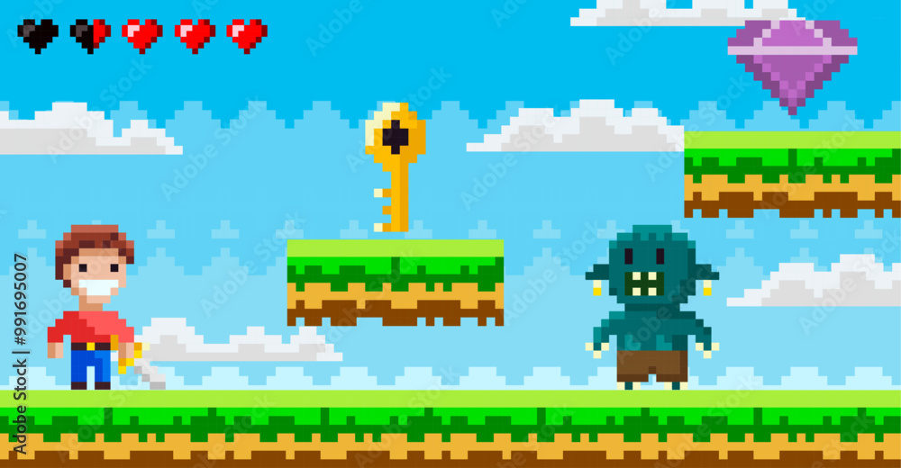 Retro-style pixel art video game scene with a character, key, and ...