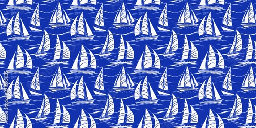 Coastal sail boat in azure ocean blue seamless border background, Modern sailing race boat block print banner for decorative coast interior furnishing fabric edge trim. 