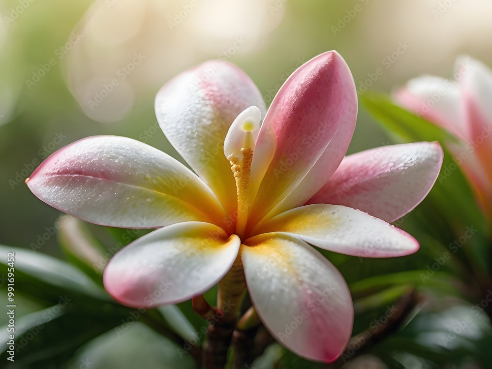 Closeup of Pink and White Plumeria Flower with Yellow Center Closeup of Pink and White Plumeria Flower with Yellow Center