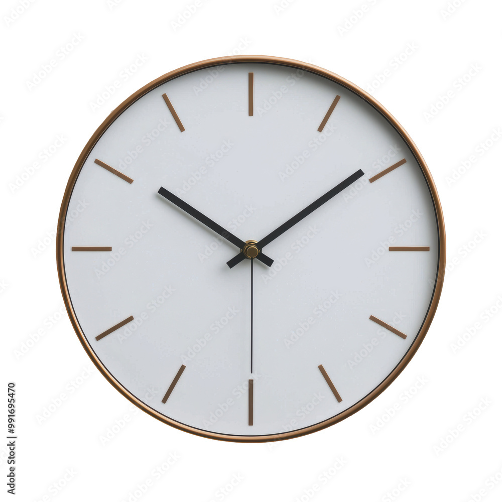 Minimalist wall clock with gold trim and black hands, featuring a sleek, modern design. Perfect for home or office decor, combining functionality and style. Isolated on transparent background, png. Minimalist wall clock with gold trim and black hands, featuring a sleek, modern design. Perfect for home or office decor, combining functionality and style. Isolated on transparent background, png.