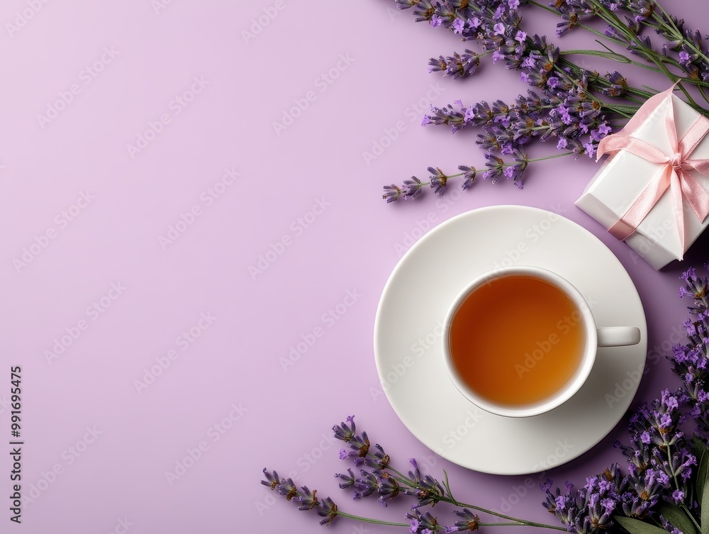 A serene composition featuring a cup of tea, lavender flowers, and a gift box on a pastel background, perfect for relaxation themes, background with copy space. A serene composition featuring a cup of tea, lavender flowers, and a gift box on a pastel background, perfect for relaxation themes, background with copy space.
