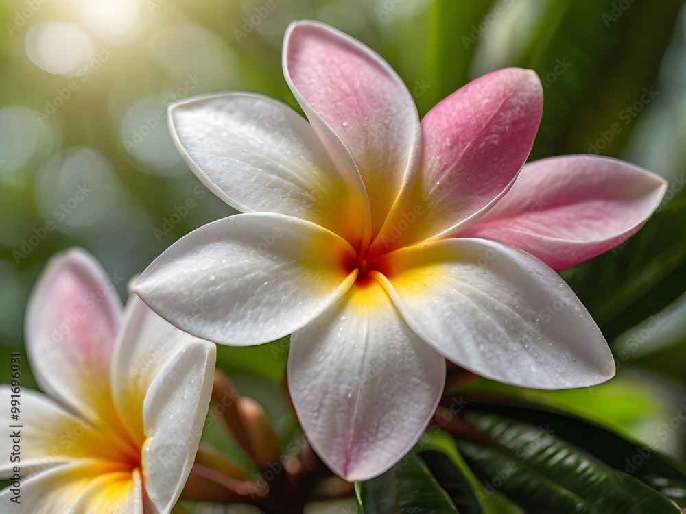 Fototapeta premium White and Pink Frangipani Flower with Yellow Center Macro Close Up