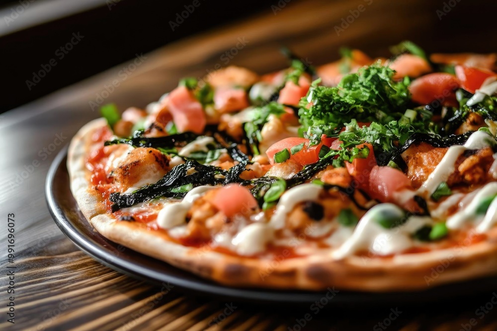 Fusion pizza with Japanese ingredients like seaweed and teriyaki chicken, baked to perfection in a hotel s wood-fired oven, fusion cuisine, creative pizza Fusion pizza with Japanese ingredients like seaweed and teriyaki chicken, baked to perfection in a hotel s wood-fired oven, fusion cuisine, creative pizza