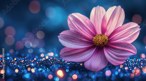 Pink flower glowing in soft bokeh lights during a magical evening.