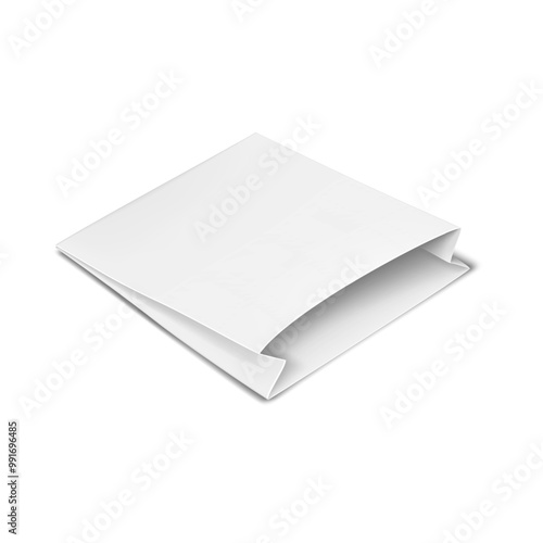 White blank small square paper bag. 3d mockup. Gusseted greaseproof food pouch package for french fries, fried foods, hamburgers, sweets, etc. Realistic vector mock-up. Template for design