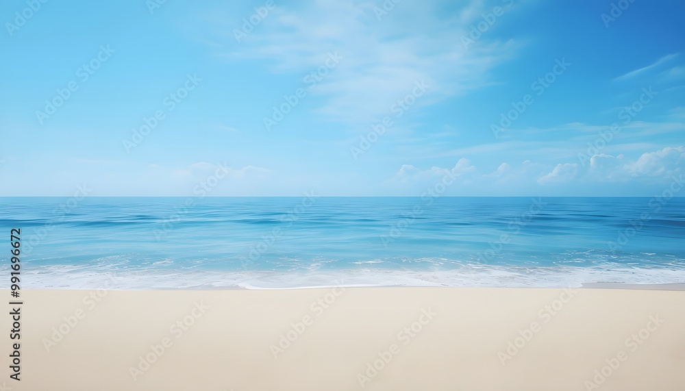 Fototapeta premium Sandy Beach Stretching Toward the Horizon Under Bright Blue Sky
