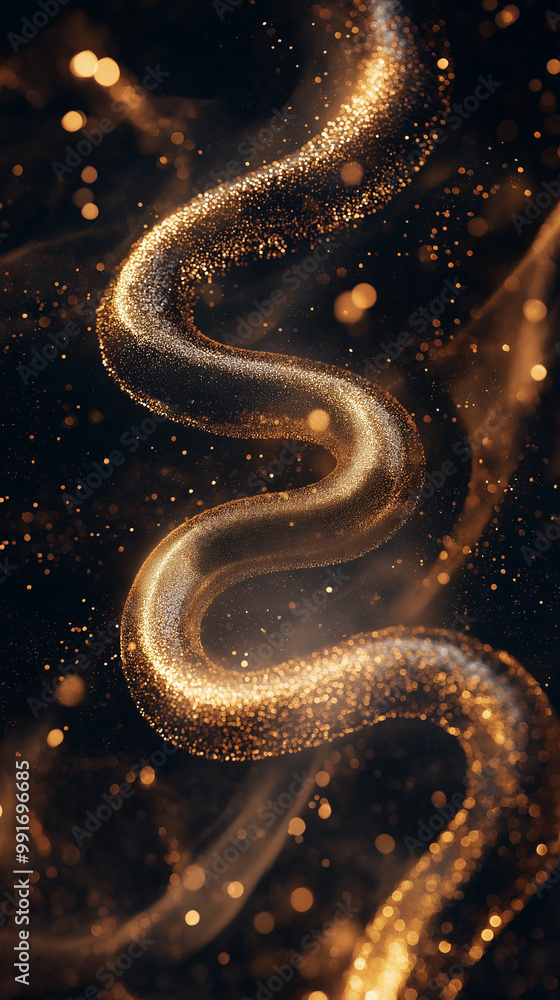 Glowing Golden Snake Body in Motion, Abstract Vertical Design Glowing Golden Snake Body in Motion, Abstract Vertical Design