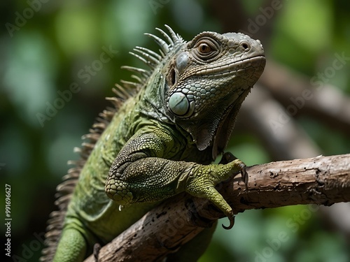 Green iguana perched on a branch.