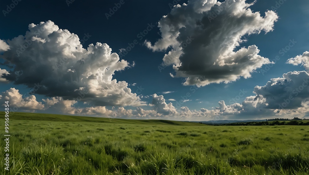 Green meadow under a bright blue sky with clouds. Green meadow under a bright blue sky with clouds.