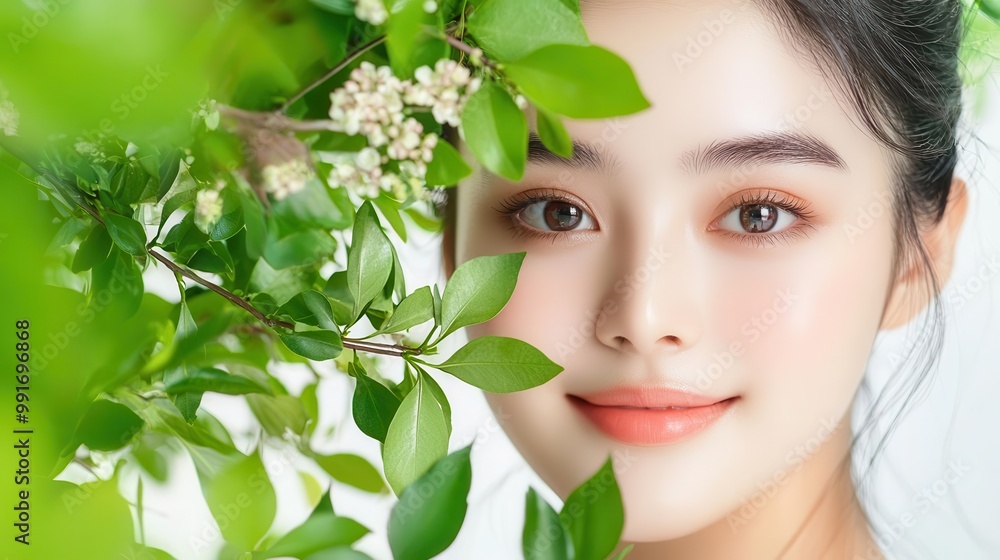 Beautiful Asian woman with flawless skin surrounded by green leaves. Beautiful Asian woman with flawless skin surrounded by green leaves.