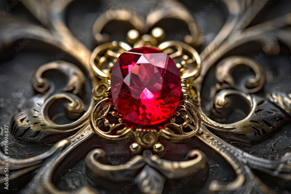 A red gemstone sits on a gold and silver piece of jewelry A red gemstone sits on a gold and silver piece of jewelry