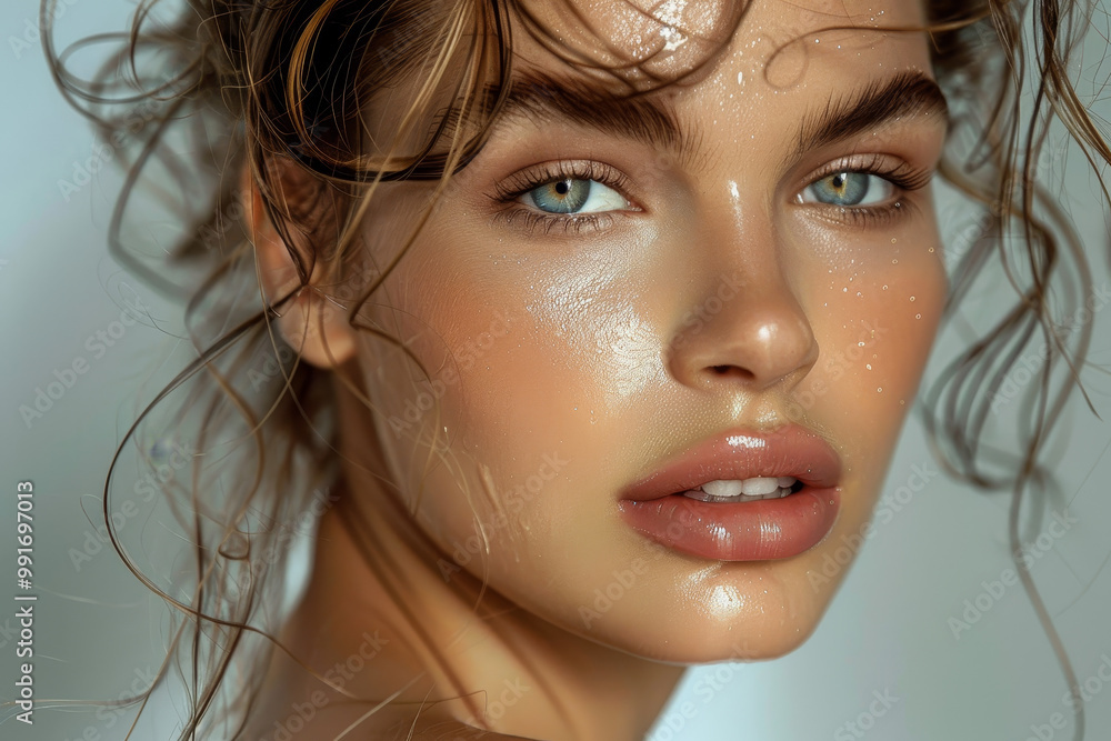 A woman with long hair and a makeup that looks like she is sweating A woman with long hair and a makeup that looks like she is sweating