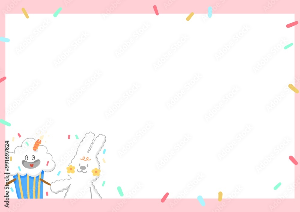 a cute bunny with lovely birthday cupcake and colorful glitter sprinkle on pink border frame card, illustration template for birthday, greeting card and children work project decoration a cute bunny with lovely birthday cupcake and colorful glitter sprinkle on pink border frame card, illustration template for birthday, greeting card and children work project decoration